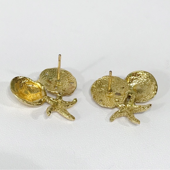 14K Gold Filled Sand Dollar Starfish Clam Shell Cluster Post Stud Earring Signed - Picture 11 of 15